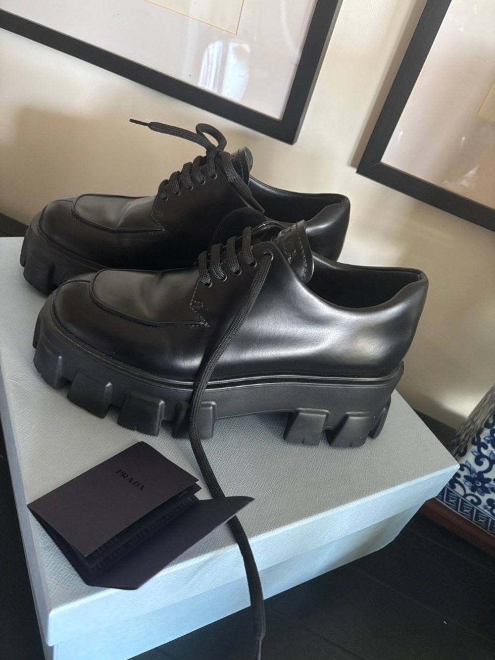 Prada Black Chunky Lug Platform Lace-Up Loafers - Picture 4 of 6